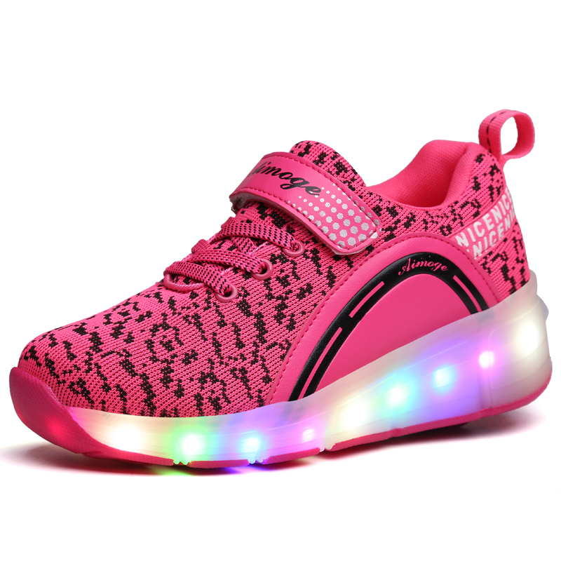 Kids Glowing Sneakers Sneakers with wheels Led Light up Roller Skates Sport Luminous Lighted Shoes for Kids Boys Pink