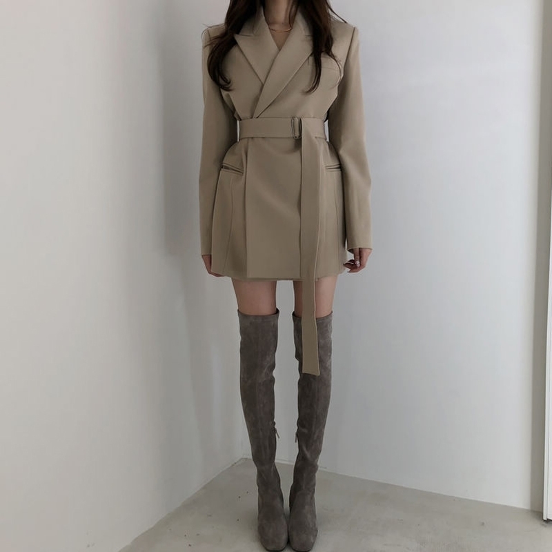 LANMREM Spring New Casual long suit Fashion Women Loose Temperament Solid Color Dark Buckle Long Blazer with belt TC780 201114