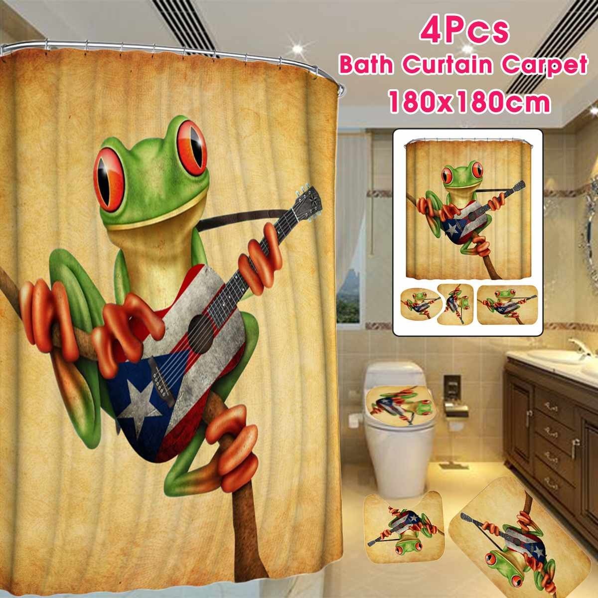 Animals Frogs Playing Guitar Shower Curtain Waterproof Bathroom Curtains Rug Lid Toilet Cover Polyester Bath Mat Set Home Decor T200711
