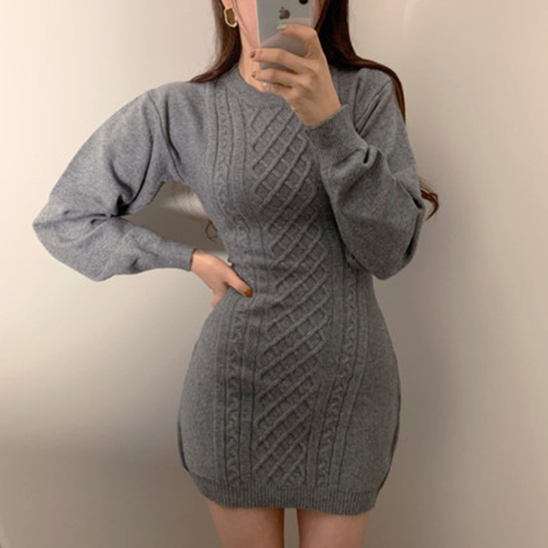 Fashion Hollow Out Waist Sweater Dress Women Autumn Winter High Elastic Twist Knitted Dress Casual Bodycon Mini Dress 3 Colors 201029