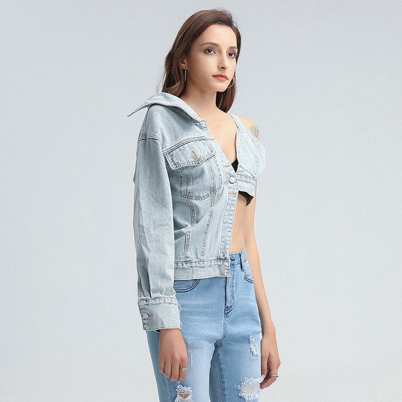 TWOTWINSTYLE Patchwork Asymmetrical Denim Women Coat V Neck One Off Shoulder Sexy Hollow Out Streetwear Coat Female Clothes 201029