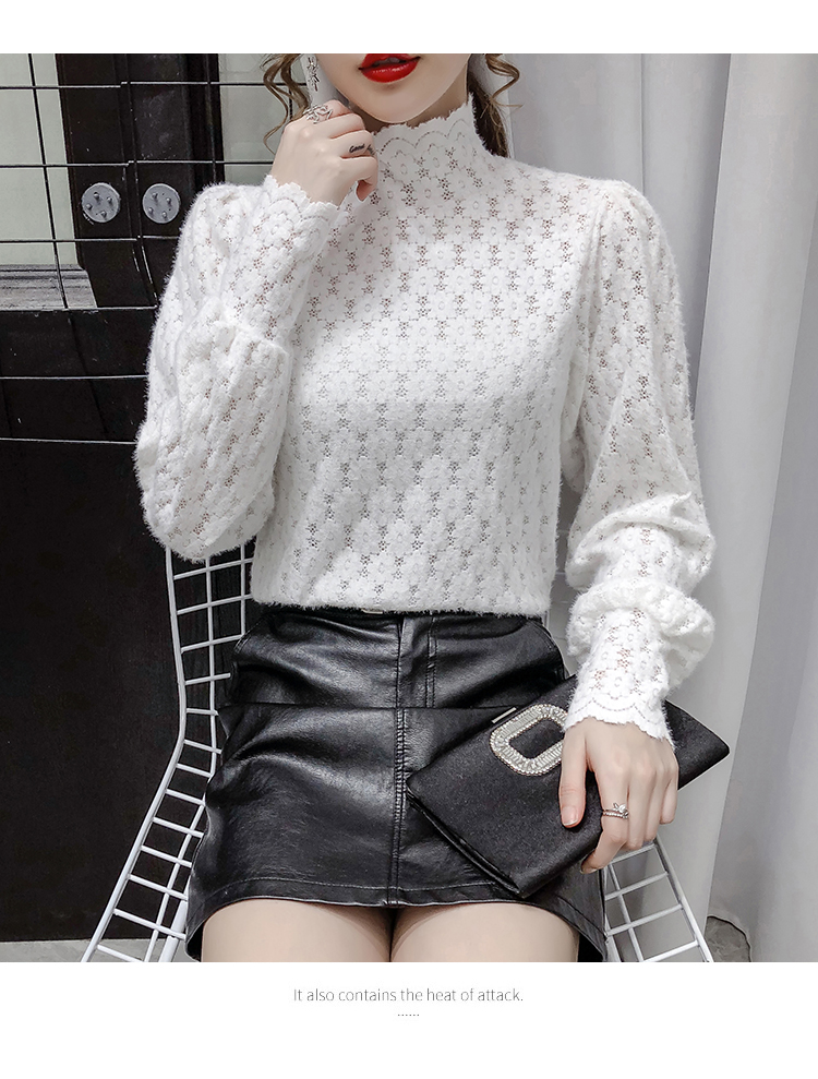Autumn New design womens stand collar long sleeve hollow out thickening lace lantern sleeve shirt tops plus size SMLXL