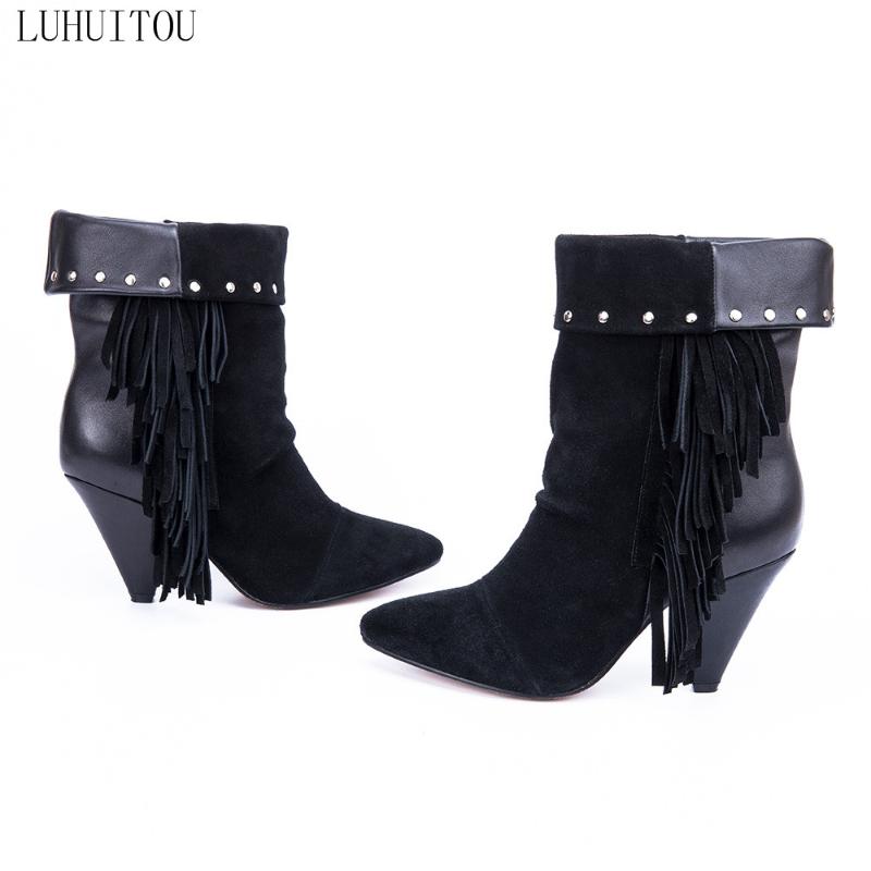 Boots Women`s Fashion Winter High-heeled Woman Autumn Suede Fringe Ankle Tassel Casual Genuine Leather Shoes Cowboy1