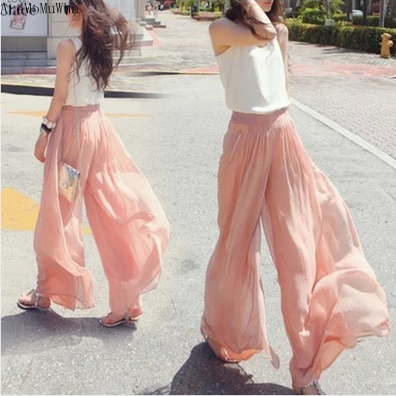 AreMoMuWha Summer New High Waist Chiffon Wide Leg Pants M 5XL Women's Anti-mosquito Pants 100KG Beach Sunscreen Trousers QX511 201228