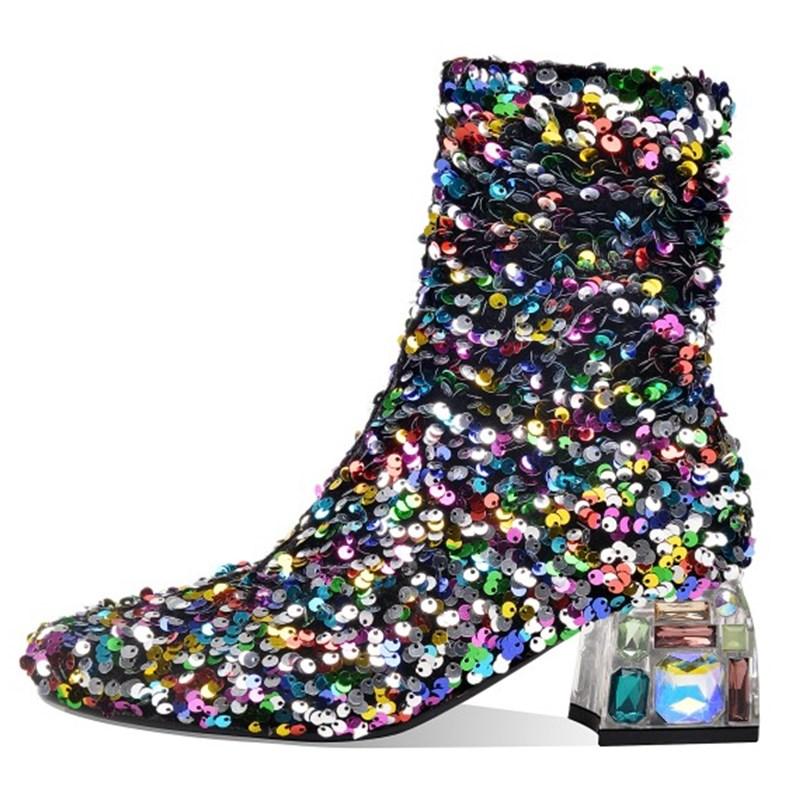 Autumn and winter European and American rainbow sequins round head thick heel color rhinestone heel plus size women's boots
Autumn and winter European and American rainbow sequins round head thick heel color rhinestone heel plus size women's boots