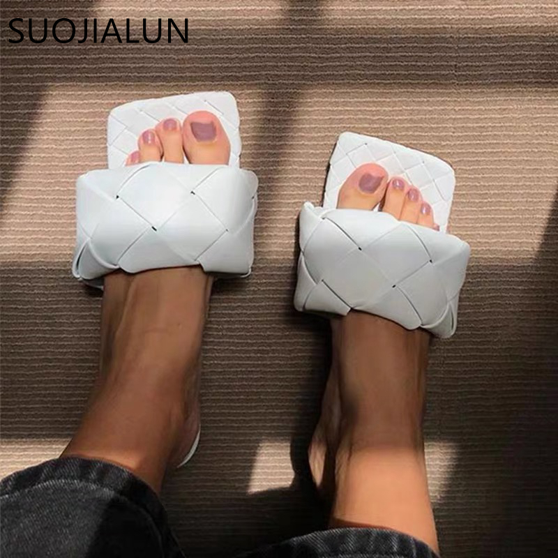 SUOJIALUN 2020 Newest Women Slides Square Toe Weave Flat Slippers Brand Designer Summer Outdoor Slipper Women Beach Sandals LJ200903
