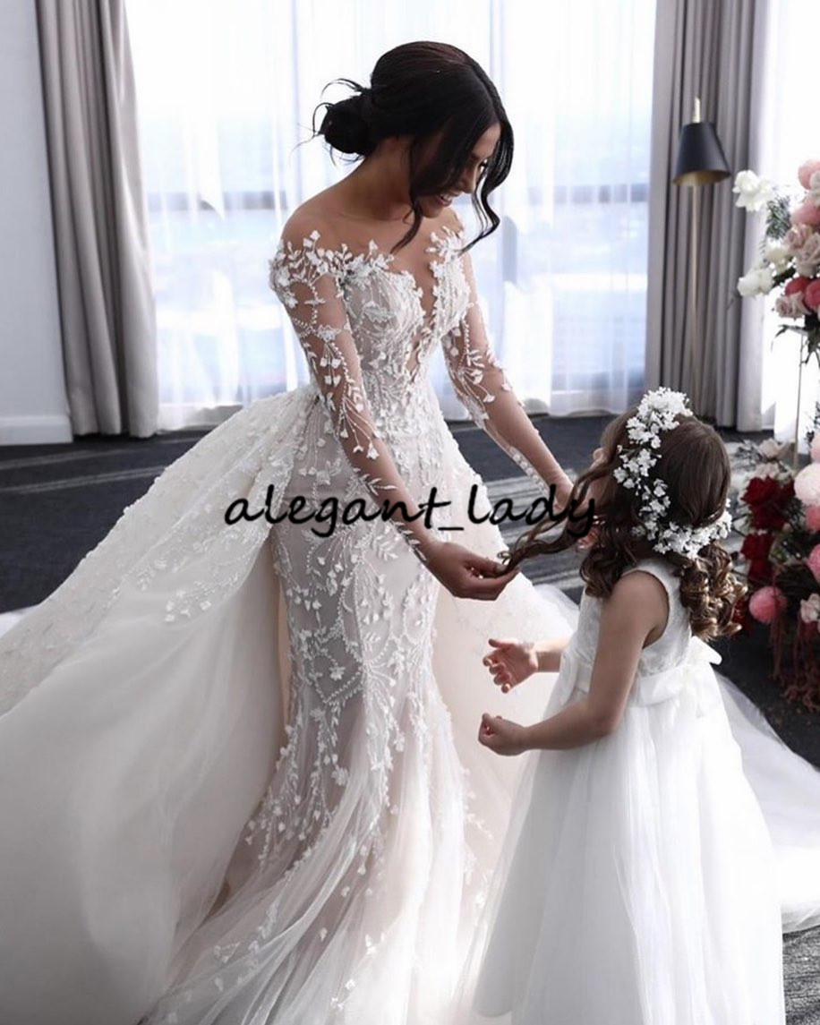 long Wedding Dresses With Removable Train illusion Long Sleeves Lace Beads Crystal O Neck Bridal Dresses Robe De Mariee Real Video