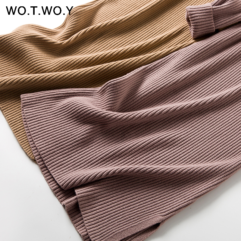 WOTWOY Winter Long Straight Sweater Dresses Women Casual Thick Knitted Turkleneck Dress Woman Slim Mid-Calf Dress Lady Blue 201110