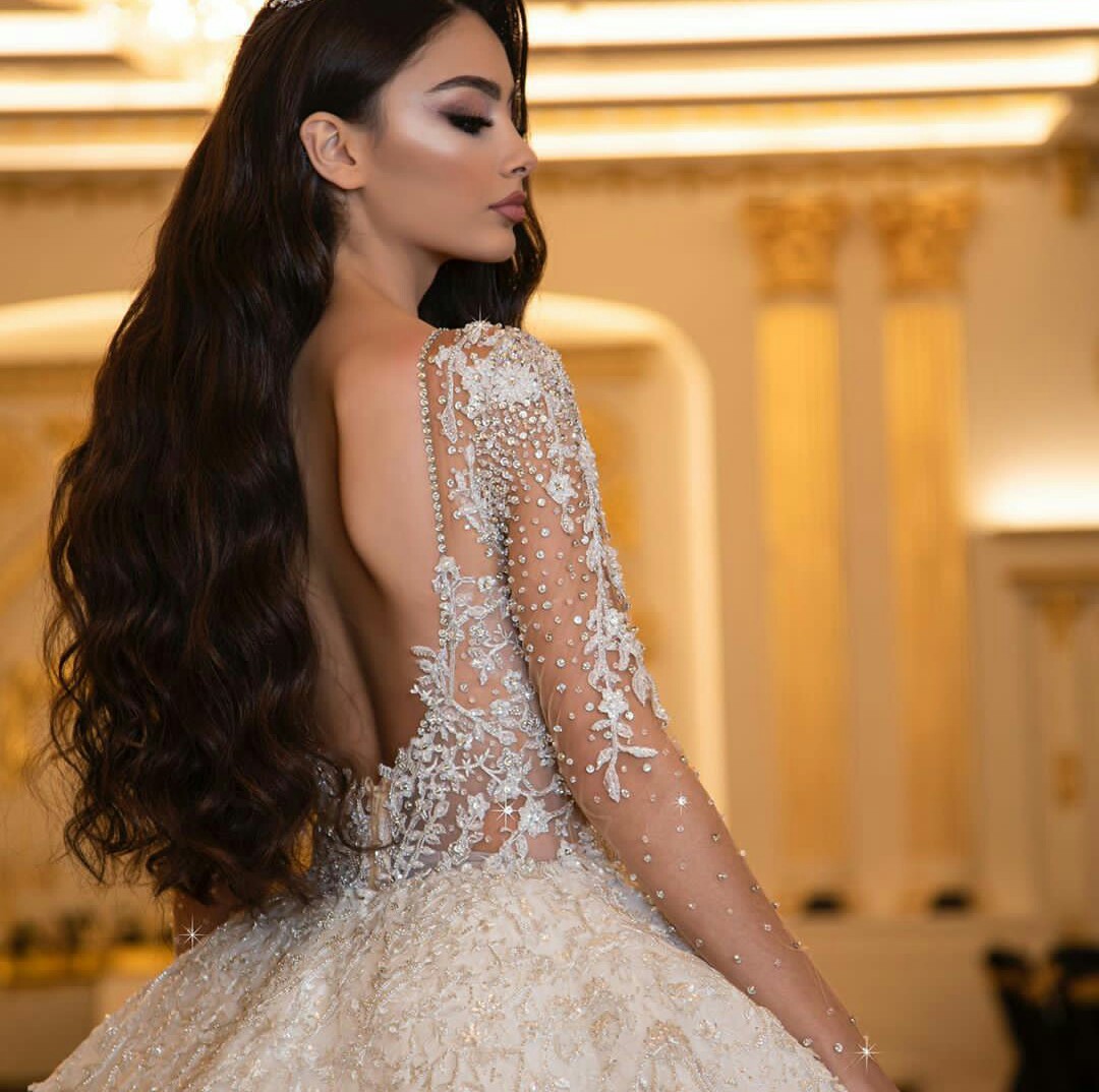 Luxury Glitter Ball Gown Wedding Dresses Sheer Jewel Neck Long Sleeve Puffy Sweep Train Bridal Gowns Plus Size Robe De Mariée