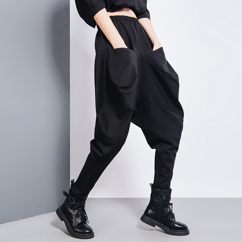 EAM Big Pockets Spliced Irregular High Waist Harem Trousers Loose Fit Pants Women Fashion Spring Autumn 1DD2684 201228
