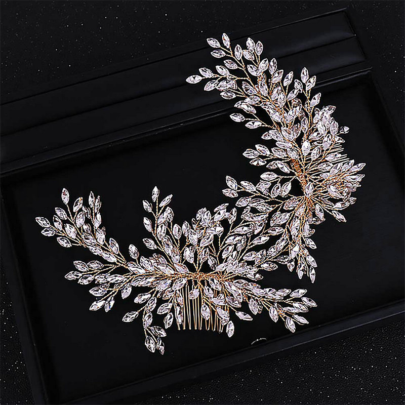 Trendy Crystal Rhinestone Double Hair Comb Hair Accessories Bride Leaf Headband Tiaras Headpiece Wedding Noiva Head Jewelry SL T200522