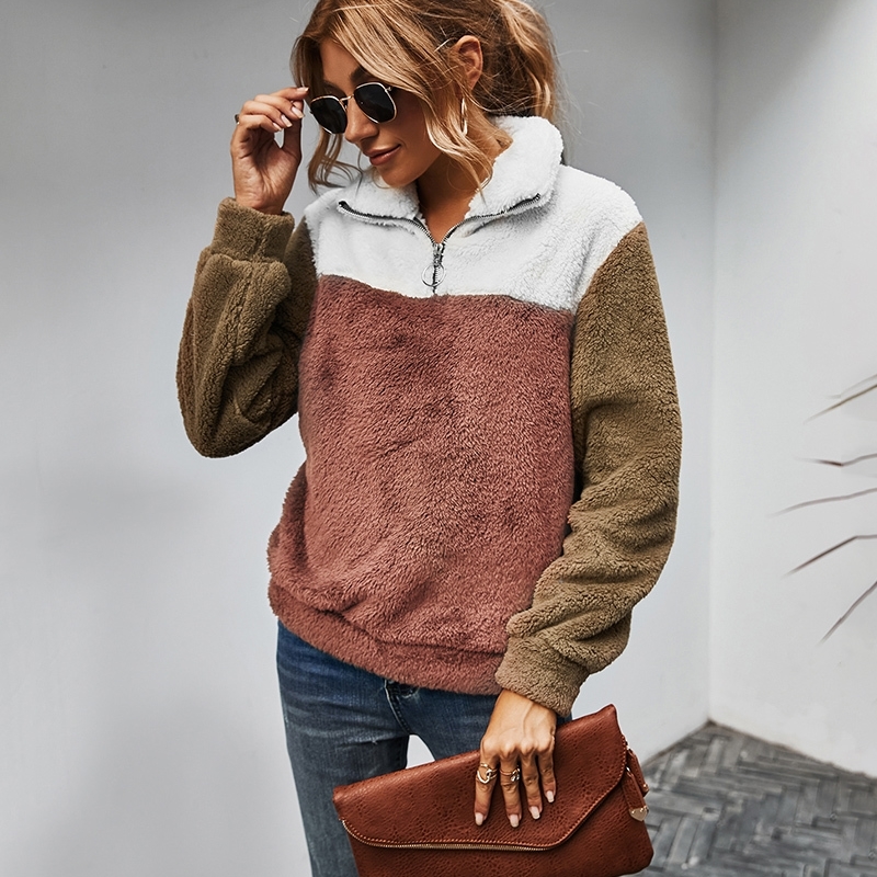 Winter Plush Keep Warm Sweatshirts Hoodie Turn Down Collar Zip Hoodies Fleece Patchwork Thick Hoody Women Long Sleeve Casual 201204