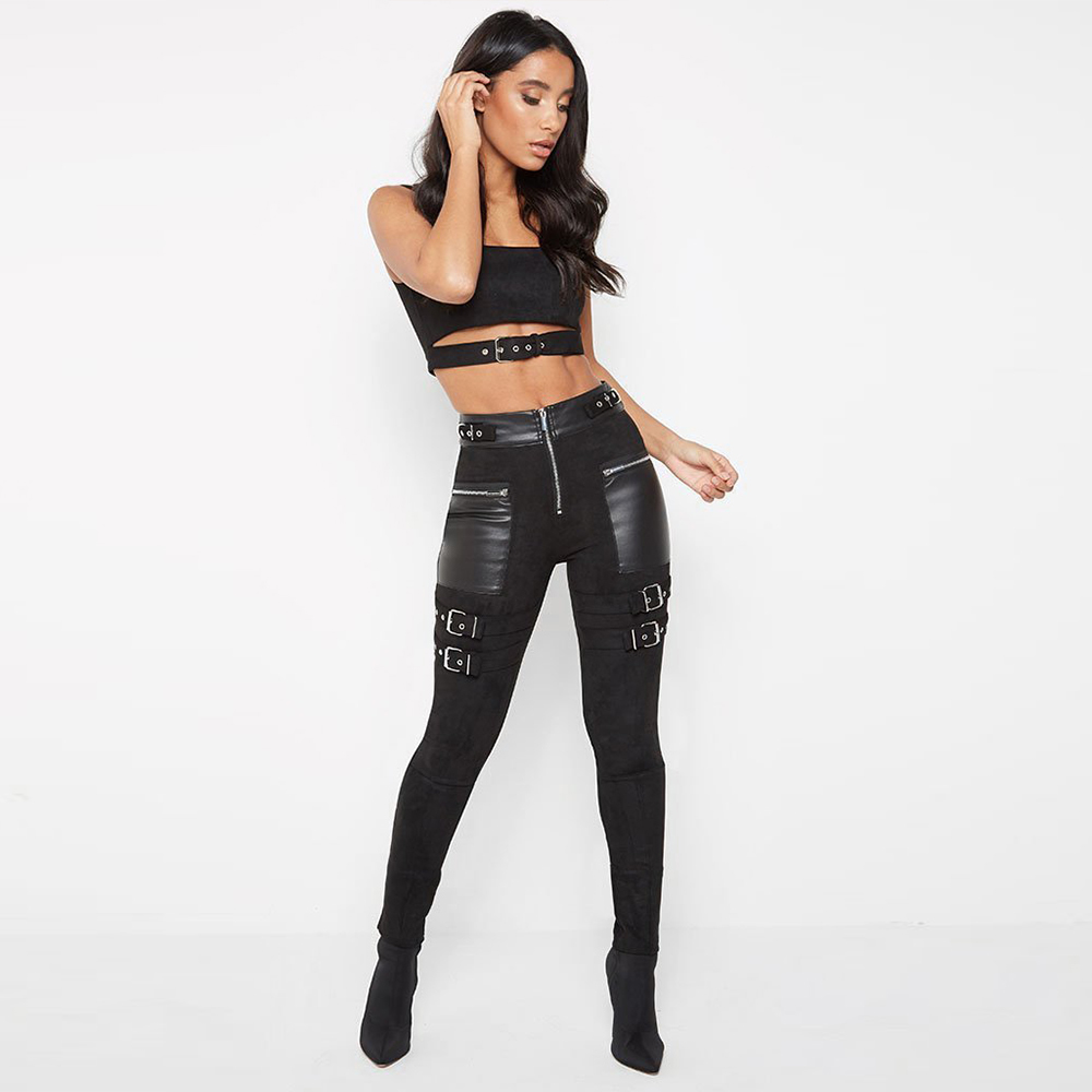 PU Leather Goth Pencil Pants For Women Dark Fashion Eyelet Patchwork Ladies Leather Trousers Skinny Chic Female Pants D30 201106