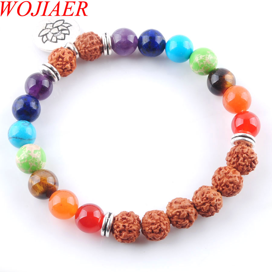WOJIAER Natural Gem Stone Round 8mm Beads Palm Strands Bracelets 7 Chakra Healing Mala Meditation Prayer Yoga Bracelet Jewelry BK336