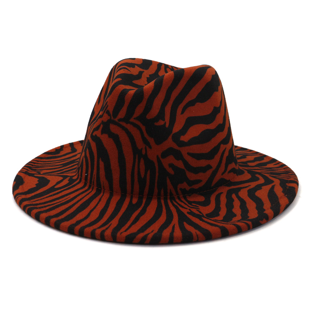 fashion Zebra Pattern Artificial Wool Felt Fedora Hats Fashion Women Men Large Brim Jazz Party Cap Panama Style Cowboy Hat