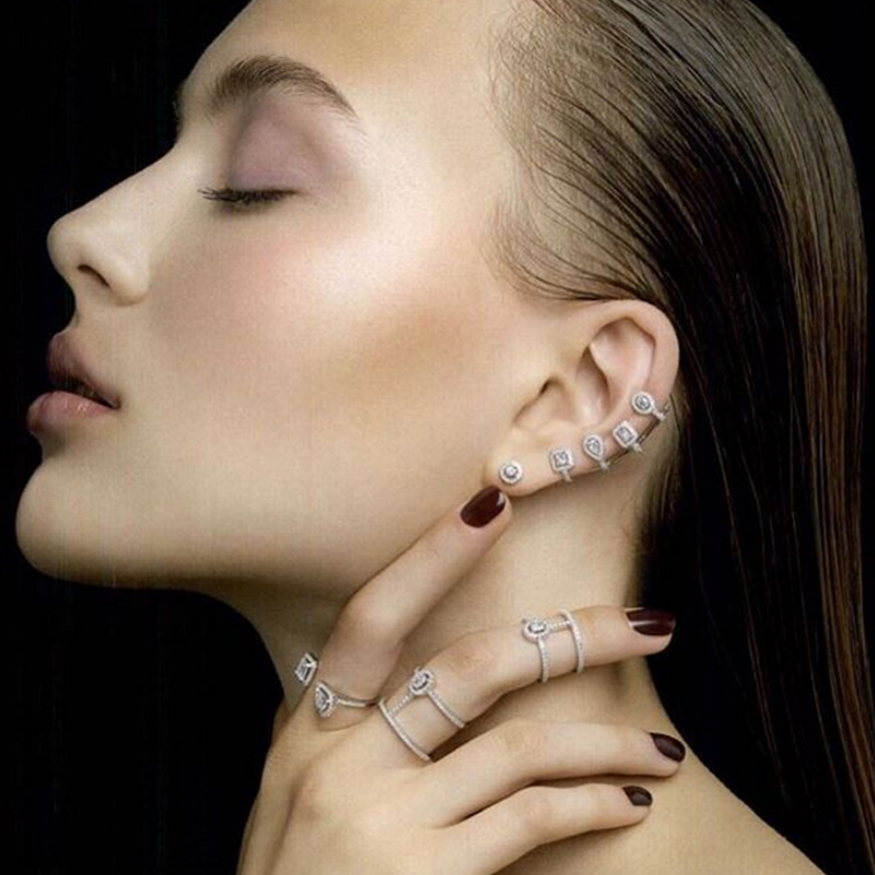 Punk Style AAA Cubic Zirconia Rose Gold White Geometric Ear Bone Cuff Earring Bijoux Womens Iced Out Earrings Studs Jewelry Gifts for Girls
