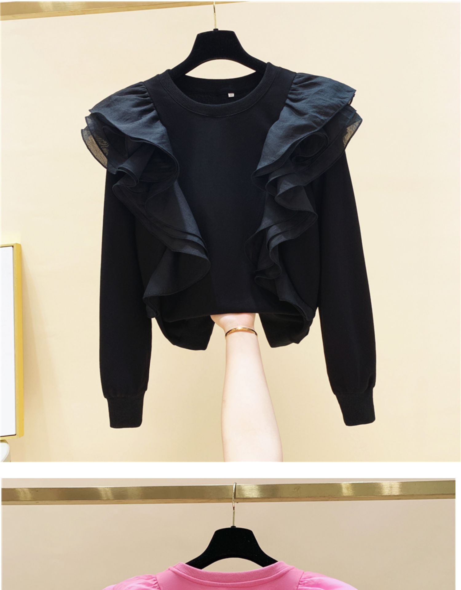 New design womens pink color o-neck long sleeve loose gauze ruffles patchwork cute sweatshirt pullover hoodies SMLXL