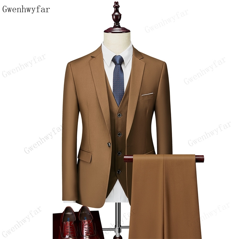 Gwenhwyfar Wedding Suits (Jacket+pants+Vest) Best Men 3 pieces fashion Khaki suit wedding groom groomsmen multiple colour 201105