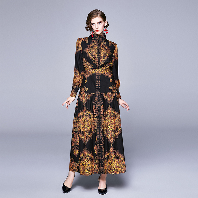 Banulin Autumn Runway Winter Long Dresses Women Lantern Sleeve Vintage Floral Print Casual Maxi Dress Robe Longue Femme ete 201029
