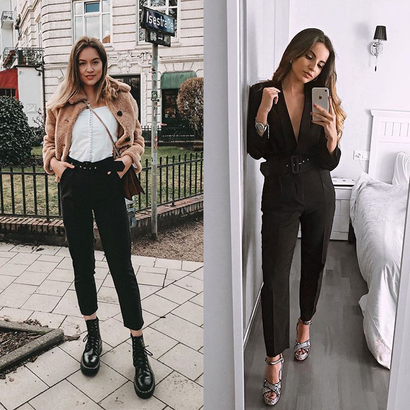 Aachoae Office Lady Black Suit Pants with Belt Women High Waist Solid Long Trousers Fashion Pockets Pants Trousers Pantalones 201113