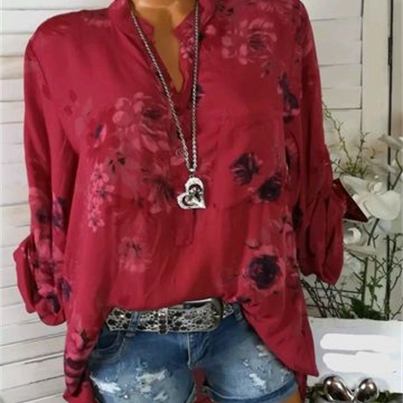 5XL Plus Size Summer Tops Women Blouses Long Sleeve Print Stand Collar Button Blouse Pullover Women's Clothing Shirt Blusa 201028