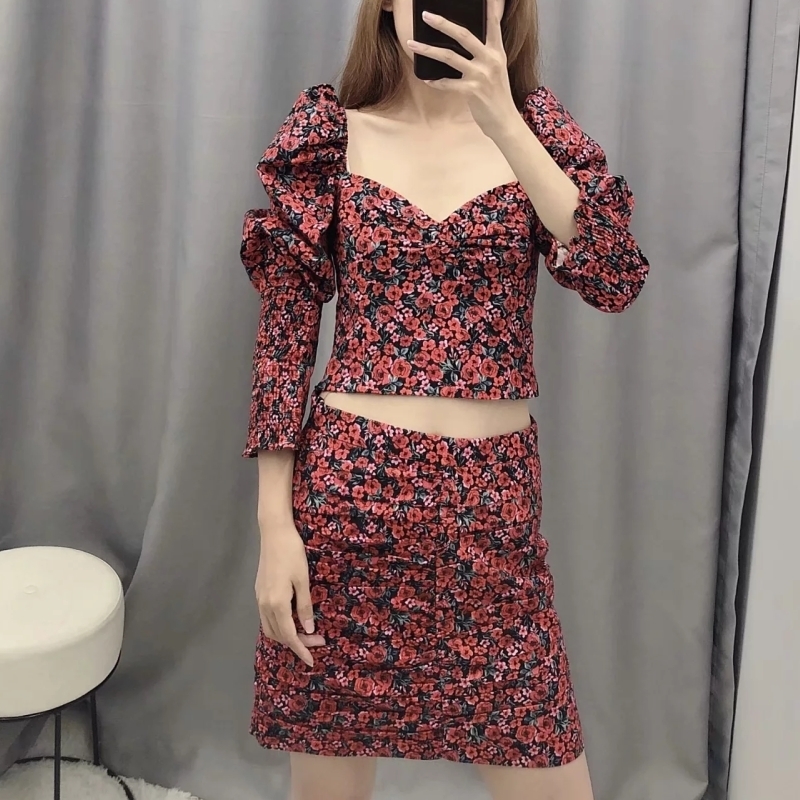 Flower Printingt Square Collar Women Slim Shirt Crop Tops Autumn Leisure Lady Puff Sleeve Blouse S6569 201201