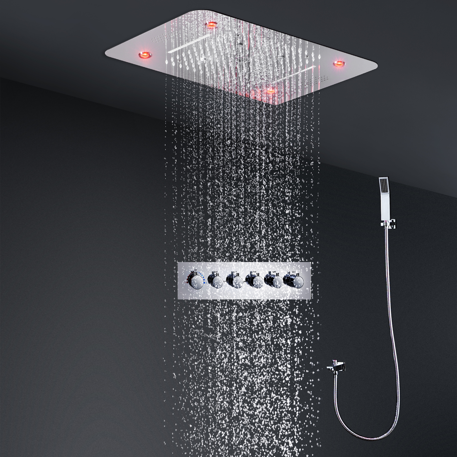 Bathroom Music Shower Set 380 x 580 mm LED ShowerHead Rainfall Waterfall Mist Spray Faucet Thermostatic High Flow Diverter Valve