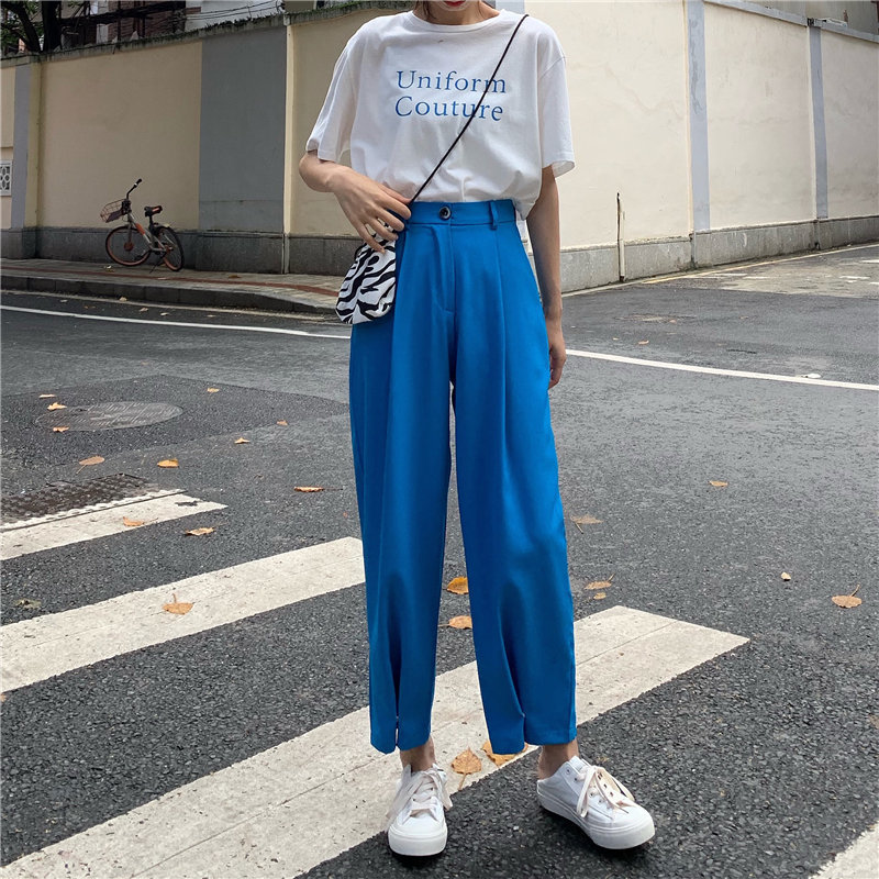 JuneLove spring Brief Slender Hot Casual High Waist Summer Women Loose Simple Solid Ankle Length Wide Leg Pants 3 Colors Bottoms 201109