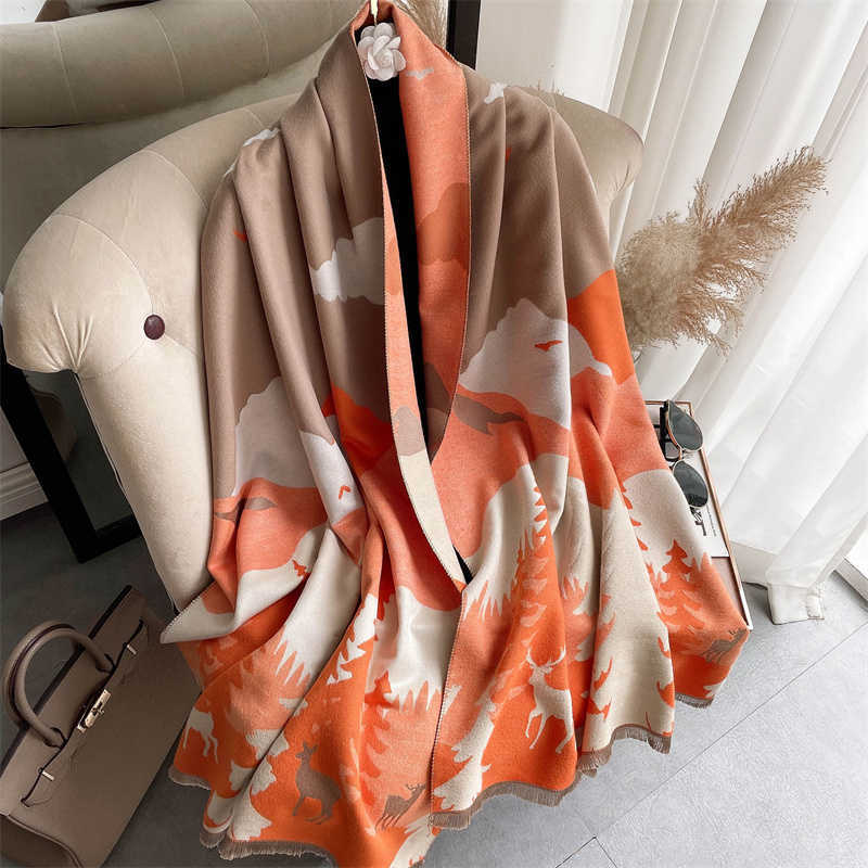 180*65cm Echarpe Warm Thick Cashmere Scarf Women Print Doubel-sided Blanket Shawl And Wraps Tessel Bufanda Female Pashmina 220114