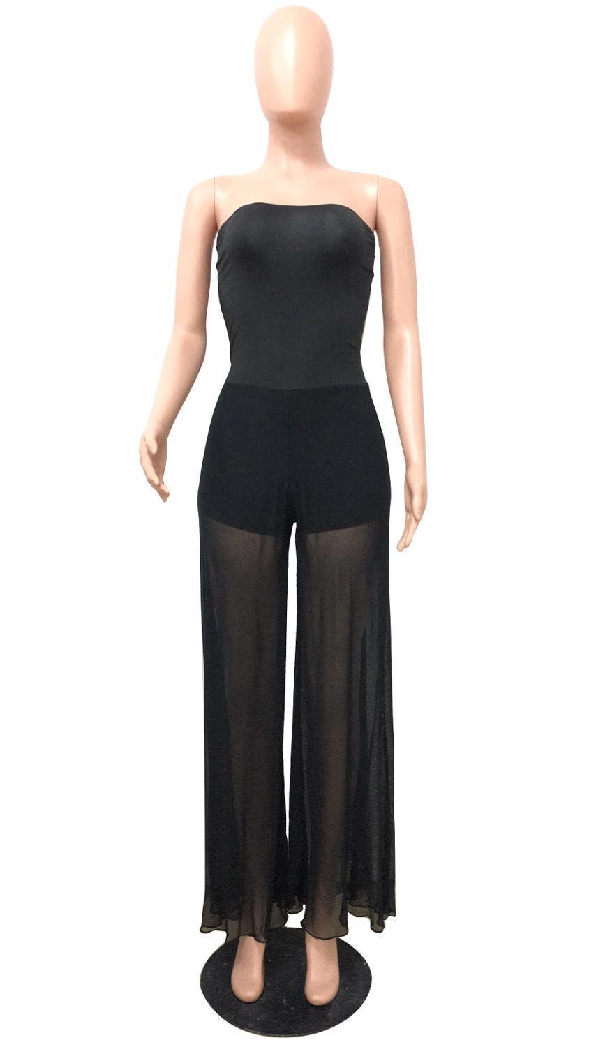 Sexy Off Shoulder Bodysuit with Sheer Mesh Pants Jumpsuit Women Elegant Strapless See Through Bodycon Club wear Rompers Overalls T200303