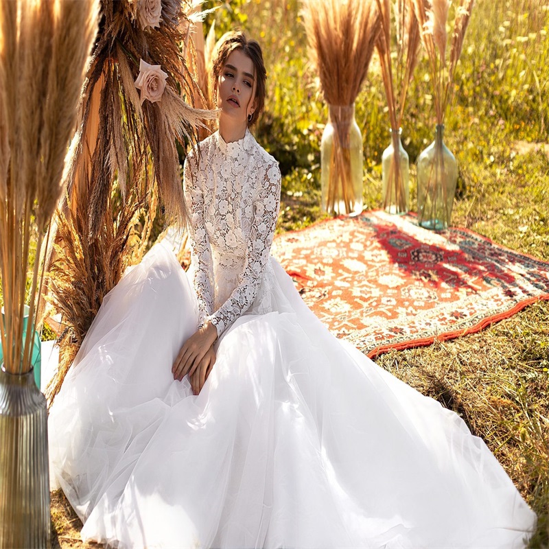 High Neck Wedding Dresses Long Sleeves Bridal Gowns Full Lace Sweep Train Boho Custom Made Soft Tulle Vestido De Novia