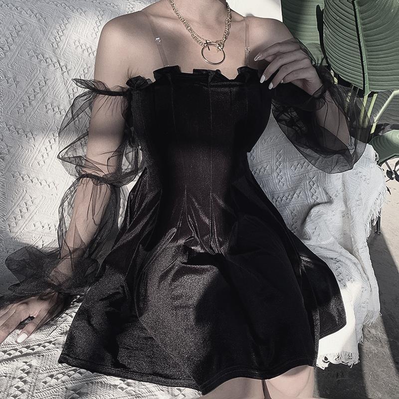 women dress slash neck mesh splice hollow out puff long sleeve solid mini goth punk off shoulder party dresses, Black;gray
women dress slash neck mesh splice hollow out puff long sleeve solid mini goth punk off shoulder party dresses, Black;gray