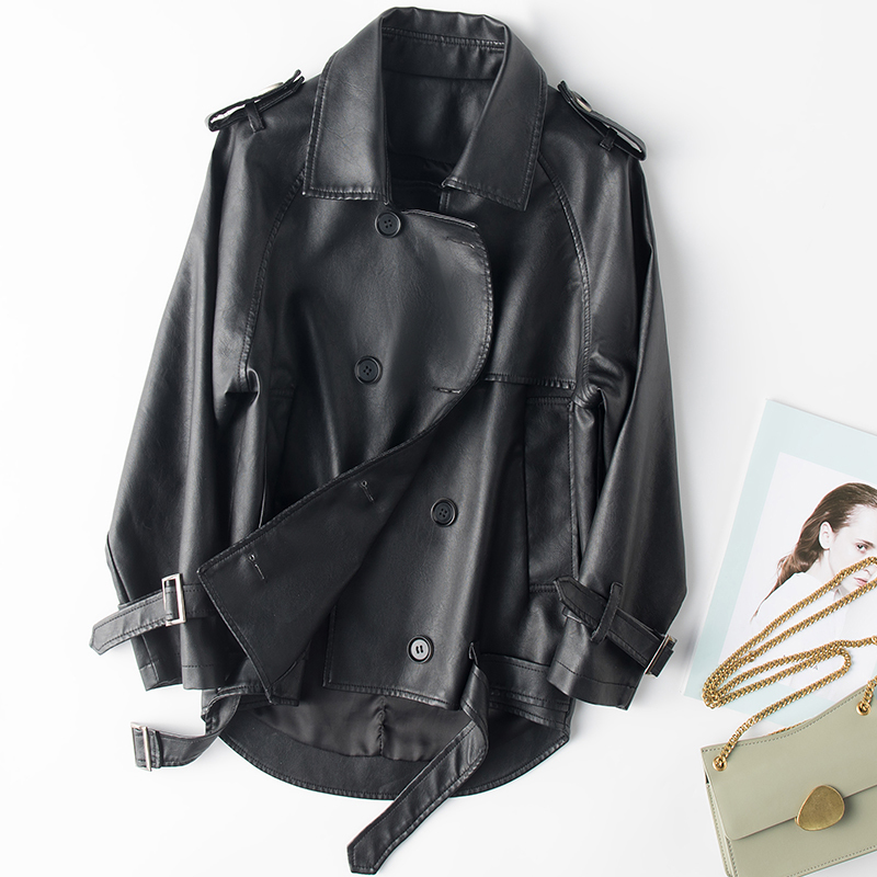Lautaro Black faux leather trench coat for women raglan sleeve women fashion clothing Double breasted leather jacket women 201030