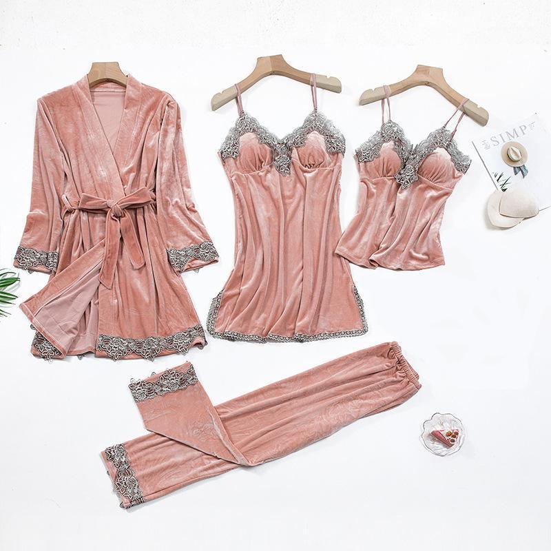 Robe Set Autumn Winter 2020 New Gold Velvet Pajamas Sexy 4-Piece Set With Chest Pad Ladies Home Service Pajamas1, Silver gray
Robe Set Autumn Winter 2020 New Gold Velvet Pajamas Sexy 4-Piece Set With Chest Pad Ladies Home Service Pajamas1, Silver gray