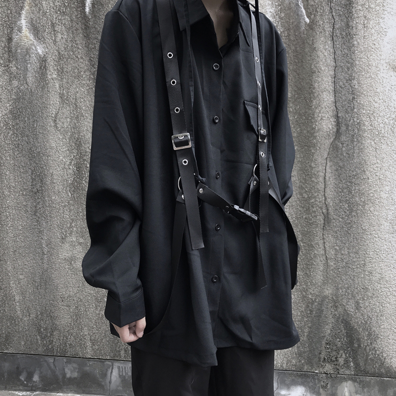 Neploe Vintage Long Sleeve Black Blouse Harajuku Women Men Shirt Autumn Korean Bandage Blusas Medium-long Tops Coat 55503 201201