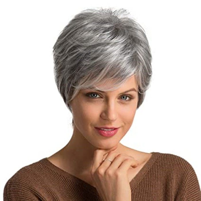 Salt pepper silver grey Short Grey Human Hair Wigs for Women Natural Pixie Cut Wig , Daily Hair gray human hair natural highlights ombre