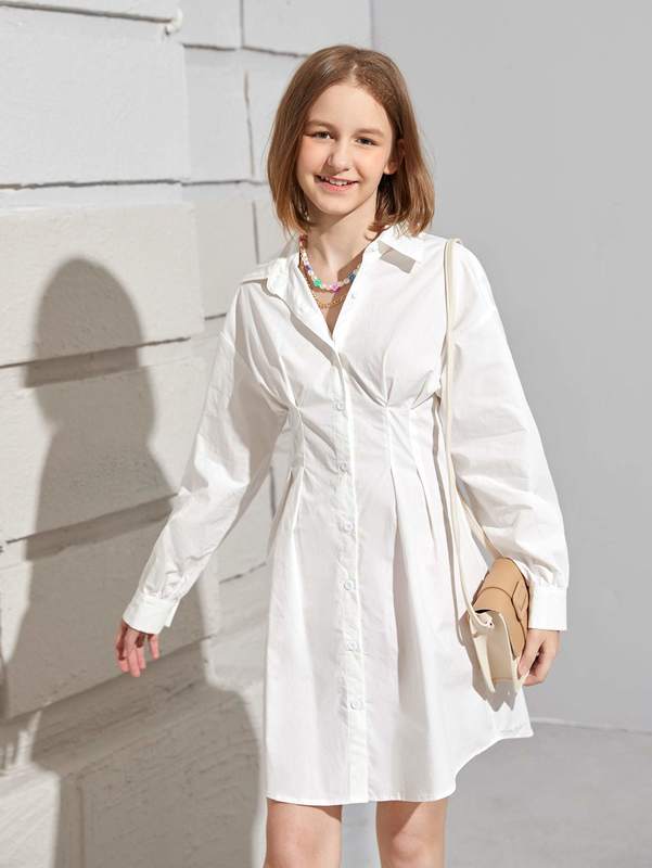 Teen Girls Solid Collared Button Up Shirt Dress SHE