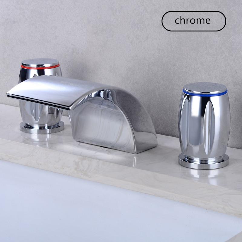 Basin Faucets Gold Polished Widespread Deck Mounted Waterfall Bathroom Sink Faucets 3 Hole Double Handle Hot And Cold Water Tap