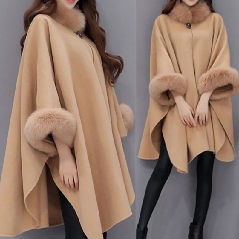 Winter Coat Ponchos Capes Women 2019 Christmas Fashion Flare Sleeve Faux Fur Collar Wool Cloak Cape Coat Poncho Long Overcoat T200114
