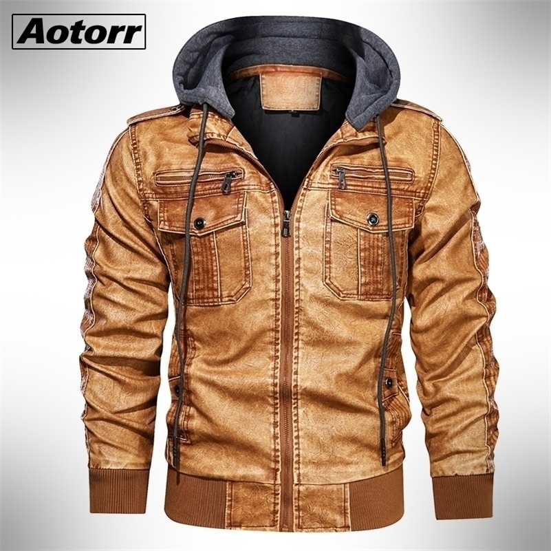 Windbreaker Leather Jacket Men Hooded Winter Warm Thick Coat Male Zipper Outwear Biker PU Jackets Streetwear Plus Size 5XL 201114