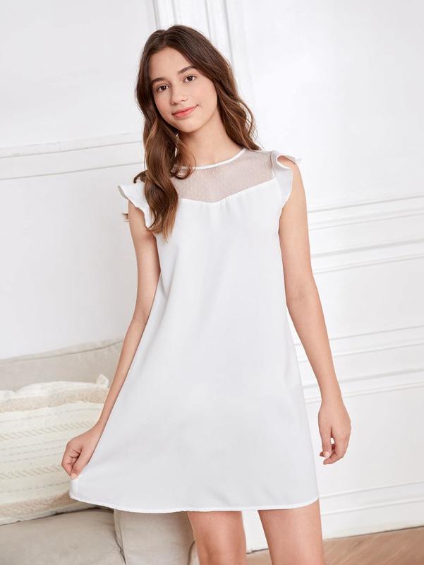 Teen Girls Mesh Insert Ruffle Trim Tunic Dress SHE
