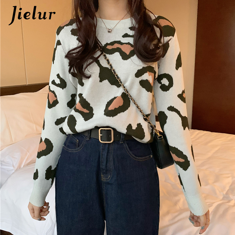 Jielur Print Autumn Winter O-neck Sweater Women Basic Primer Knitted Sweaters Pull Femme Chic Slim Jumper Soft New Pullovers 201225