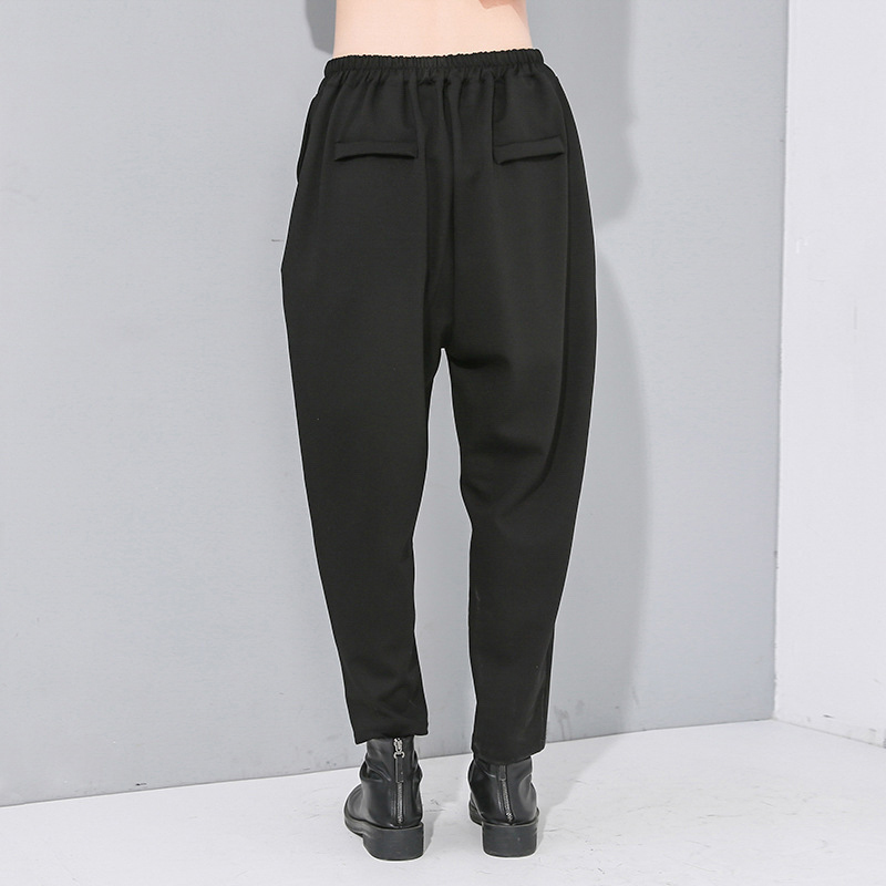 EAM High Elastic Waist Black Button Split Joint Long Trousers Loose Fit Harem Pants Women Fashion Spring Autumn 201228