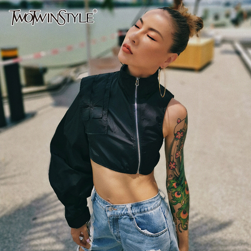 TWOTWINSTYLE Streetwear Short Women's Jacket Stand Collar Lantern Sleeve One Shoulder Asymmetrical Coat Female Fashion New 201023