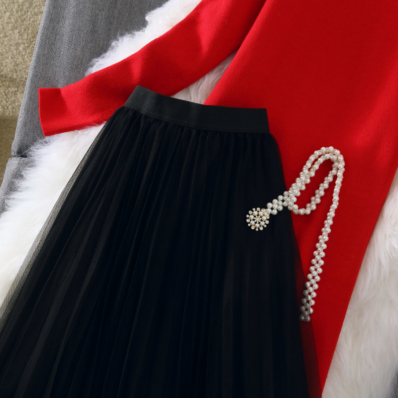 Amolapha Women Knit Sweater Dress+Mesh Skirts Sets Long Sleeve Woman Solid Long Jumpers Skirt Suit Vestidos T200325