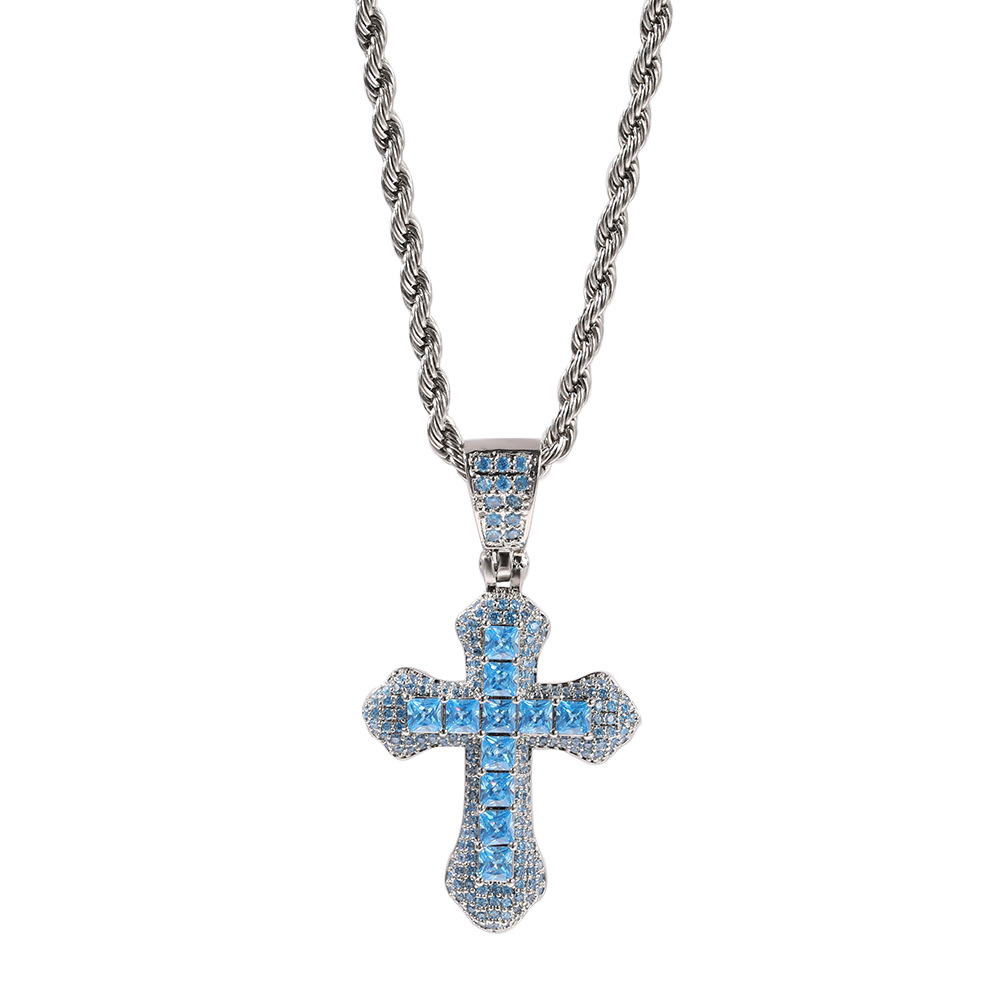 Blue Red Moissanite Cross Fashion Mens Gold Necklace Hip Hop Iced Out Pendant Necklaces Jewelry