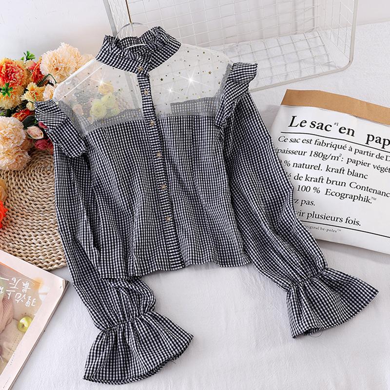 Spring Autumn Women's Shirt Korean Star Mesh Stitching Plaid Blouse New Trumpet Sleeve Clavicle Female Blouse Tops GX819, Black
Spring Autumn Women's Shirt Korean Star Mesh Stitching Plaid Blouse New Trumpet Sleeve Clavicle Female Blouse Tops GX819, Black