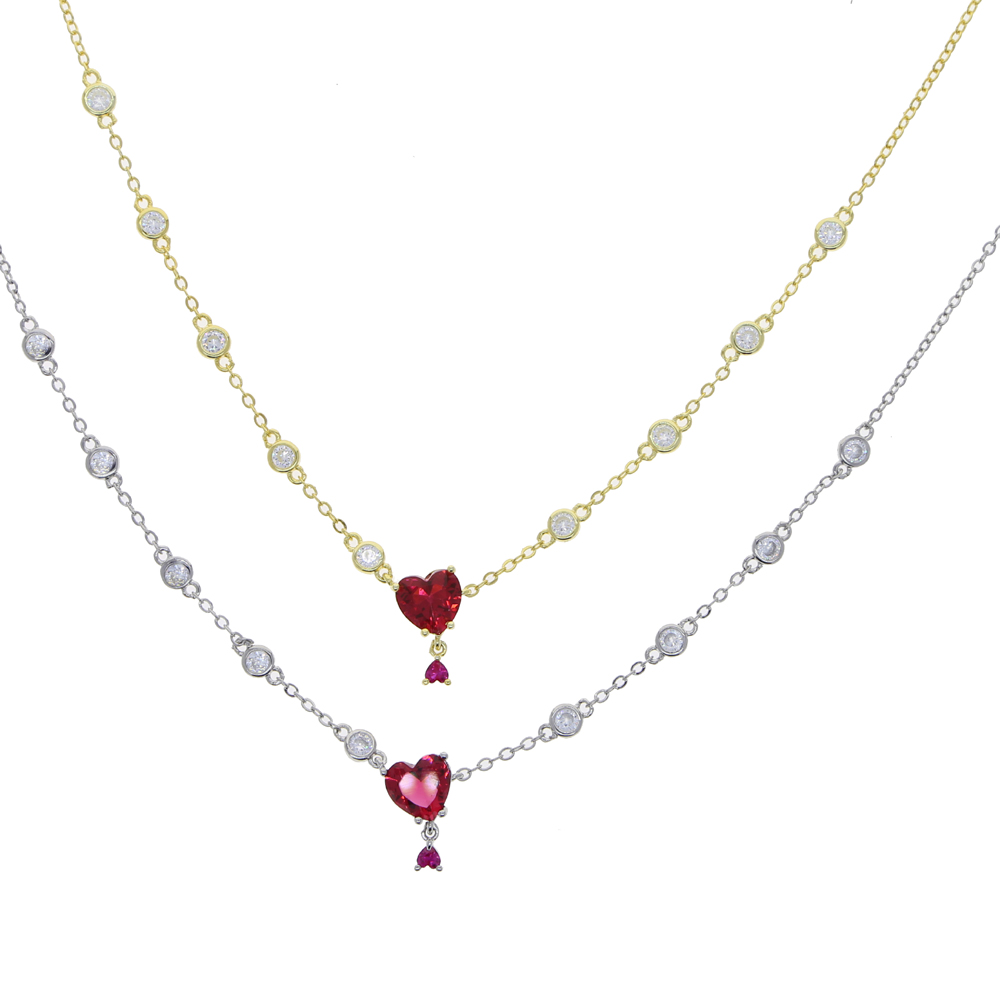 Hot Sale Girlfriend Wedding Heart Necklace with Red Cz Paved Station Chain Choker Necklace for Women Trandy Lady Girl Wholesale 2021