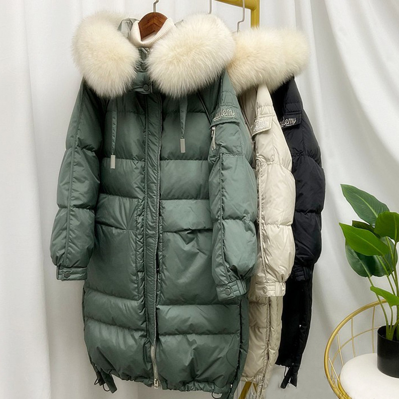 Thicken Long Down Jacket Women Real Fox Fur Collar Hooded Winter Women's Jacket Causal Coat Female White Duck Down Coats 201019