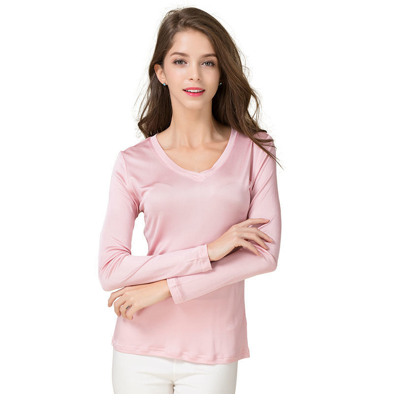SuyaDream Women T shirt Natural silk Long Sleeves V Neck Solid Basic Shirt Pink Blue Purple Bottoming Top 201028
